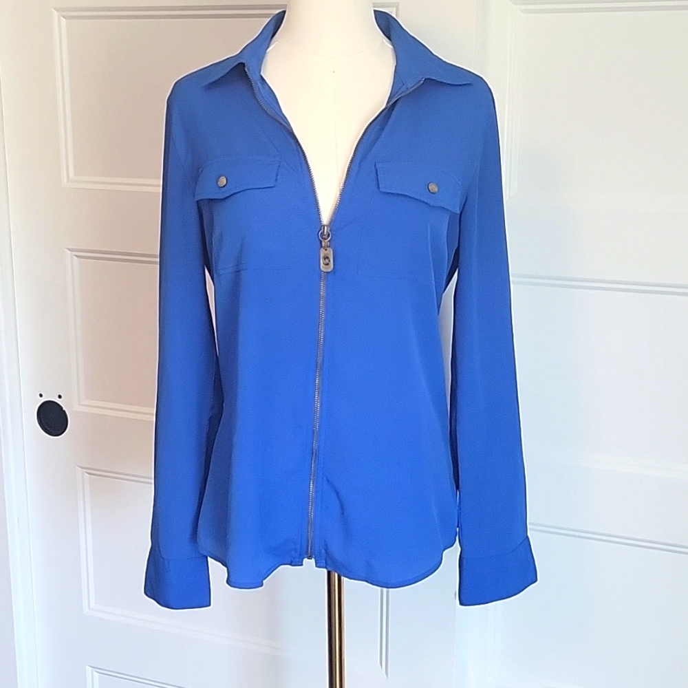 Michael Kors Blue Blouse with Structured Collar and Long Sleeves